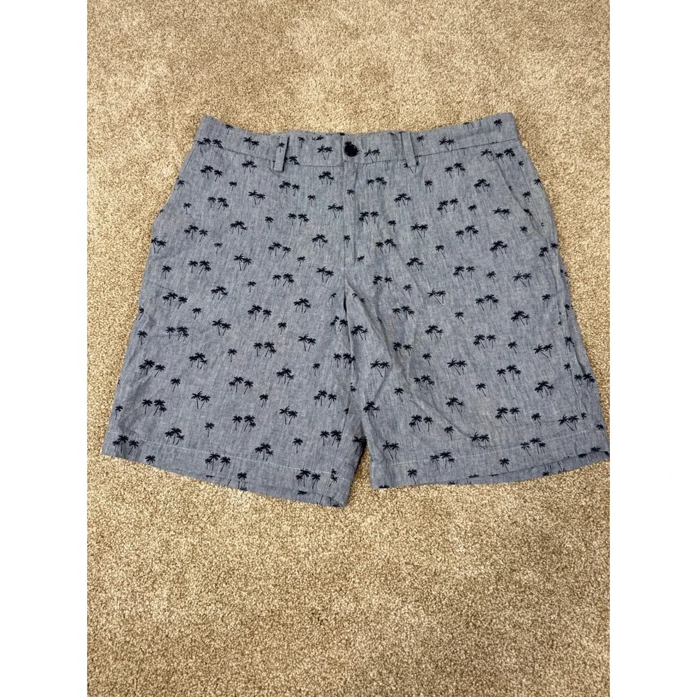 Banana‎ Republic Aiden Shorts Mens 34 Blue Palm Tree Print Linen Cotton Tropical